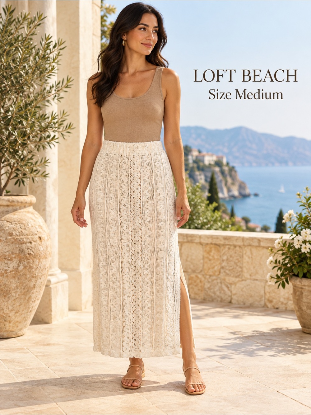 LOFT Beach Ivory Crochet Lace Lined Maxi Skirt Side Slit Size M